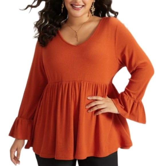 NWT BloomChic Ribbed V-Neck Long Gathered Ruffle Sleeve Top Size 18-20 (2X) - Picture 1 of 15